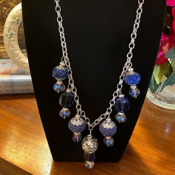 Handcrafted Double-Link Silver/Navy Bead Necklace Three-Time PoshParty Host Pick - Picture 1 of 16